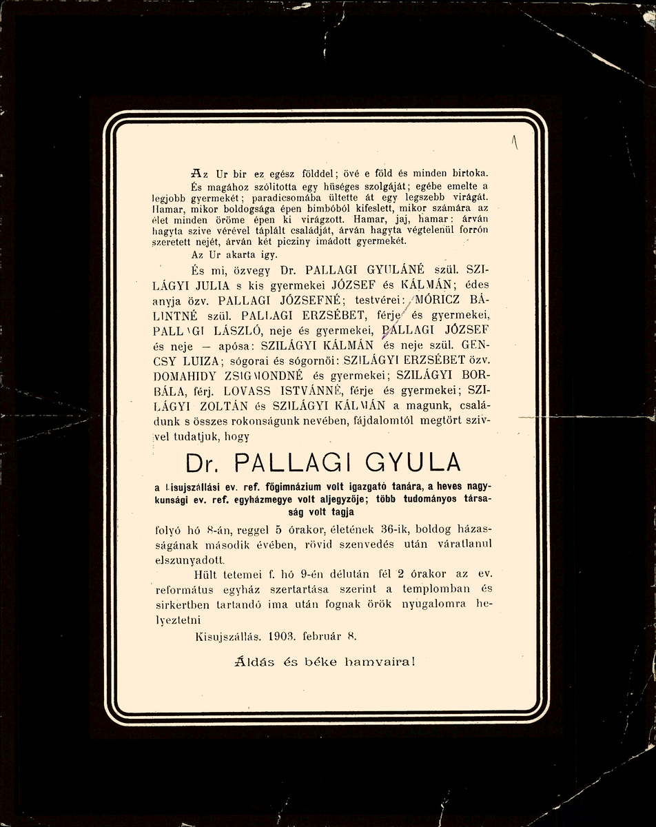 Pallagi Gyula gyászjelentése | PIM Gyűjtemények