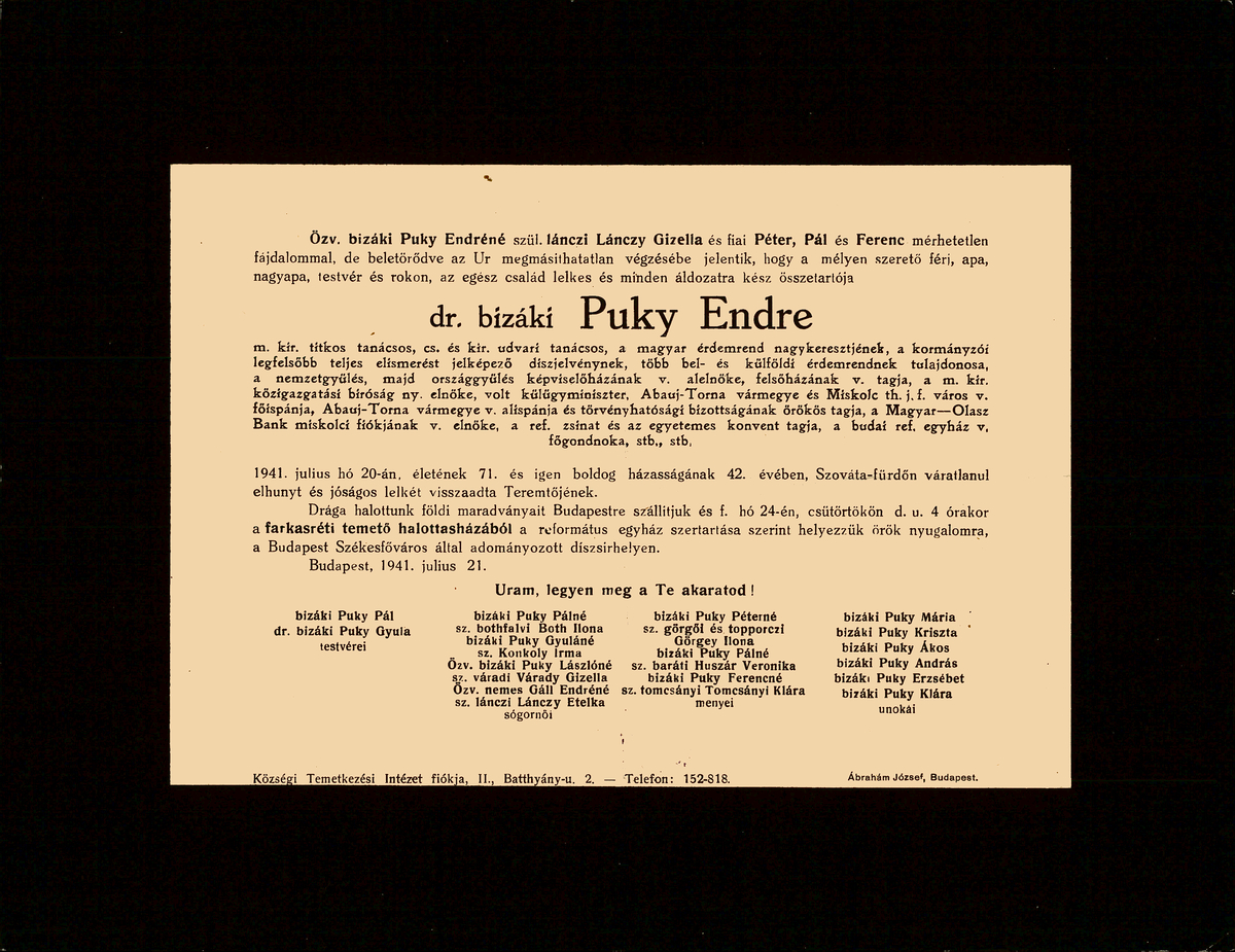Puky Endre gyászjelentése | PIM Gyűjtemények