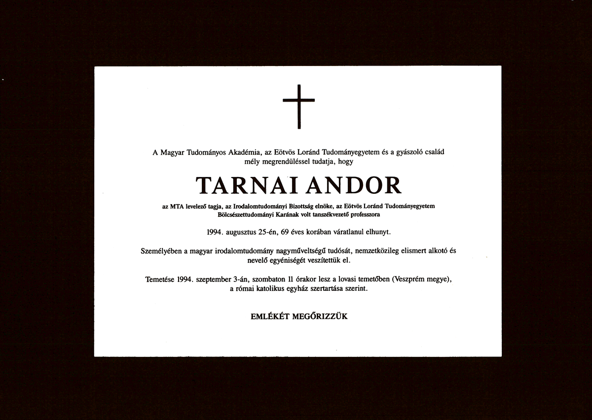 Tarnai Andor gyászjelentése | PIM Gyűjtemények
