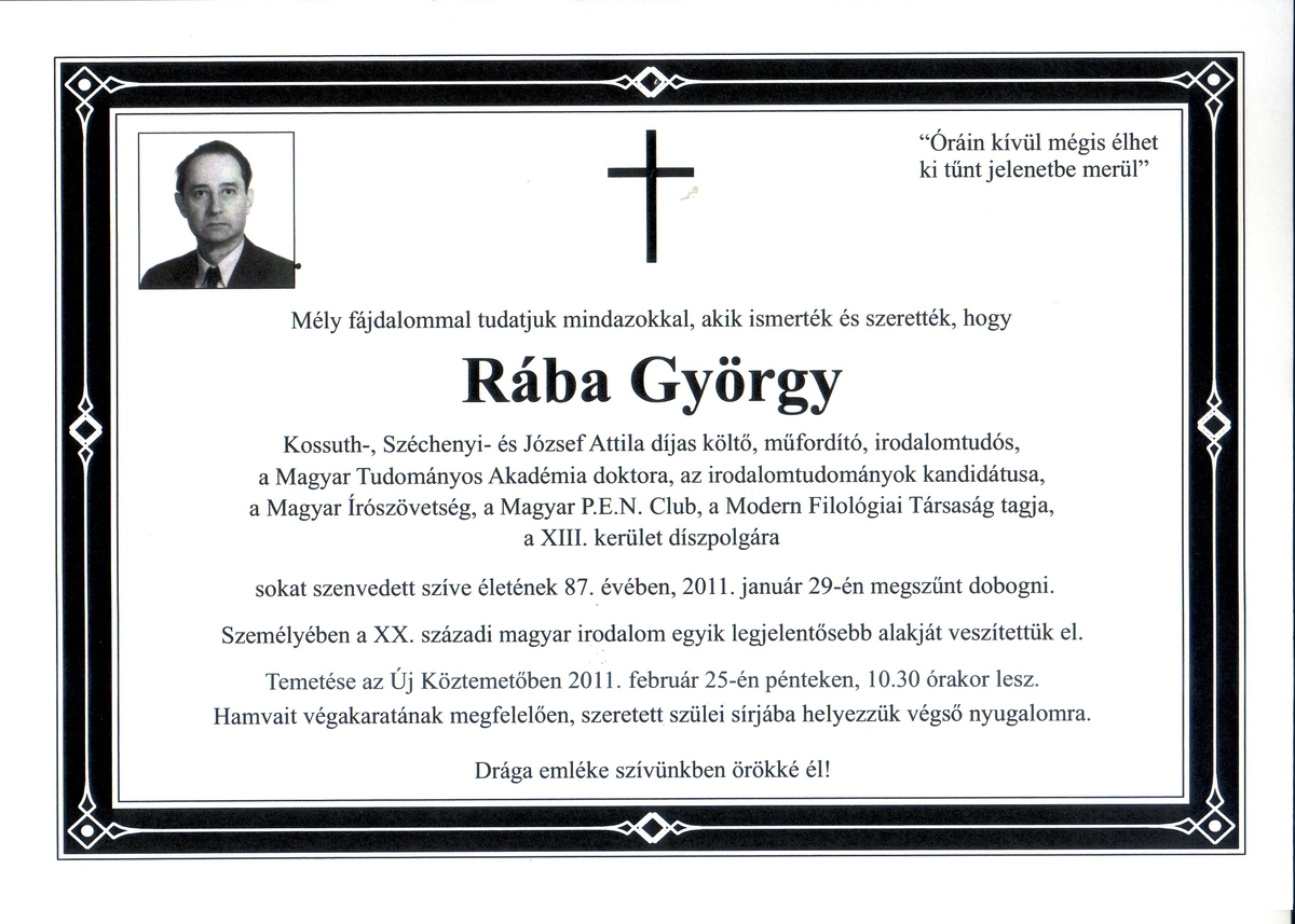 Rába György gyászjelentése | Library OPAC